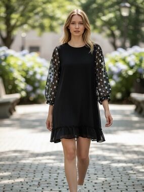 CeCe Black Mini Dress with Floral Sheer Sleeves